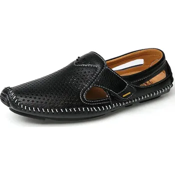 Pánské mokasíny Letní kožené prošívané boty slip-on Barva: Černá, Velikost: 38