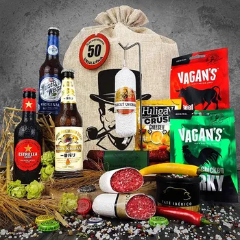 Dárkový potravinový koš Persi - Pivní dárkový koš pro muže se 3 pivy zabalený v dárkovém pytli s visačkou