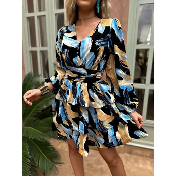 Dámské šaty Modré košilové elegantní šaty WILBUR s volánky Velikost: L