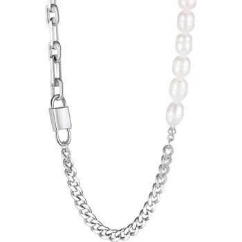 Náhrdelník Náhrdelník z oceli - dvojitý visací zámek, syntetické perly, řetízek s různým vzorem