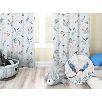 ubrus Dětský bavlněný závěs Sandra SA-471 Vlaštovky s motýlky na světle šedém ornamentu 150x140 cm