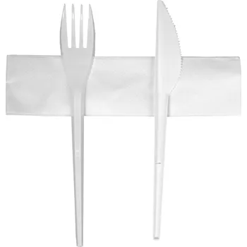 Příbor set plastových příborů PS - bílý, nůž, vidlička, ubrousek (250 ks/balení)