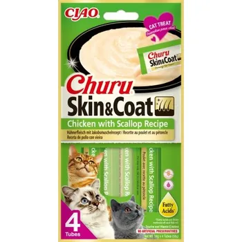 Pamlsek pro kočku Churu Cat Skin&Coat Chicken with Scallop 4x14g