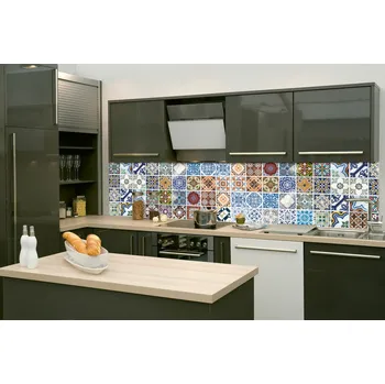 Tapeta DIMEX | Fototapeta do kuchyně Lisabonské kachličky KI-260-244 | 260 x 60 cm | vícebarevná, hnědá, modrá + Samolepicí fototapeta za kuchyňskou linku DIMEX Lisabonské kachličky v šíři 260 cm