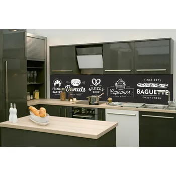 Tapeta DIMEX | Fototapeta do kuchyně Pekařské cedule KI-260-223 | 260 x 60 cm | černobílá + Samolepicí fototapeta za kuchyňskou linku DIMEX Pekařské cedule v šíři 260 cm