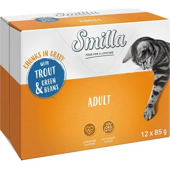 Krmivo pro kočku 12x85g Smilla Adult kousky se zeleninou - pstruh a zelené fazolky
