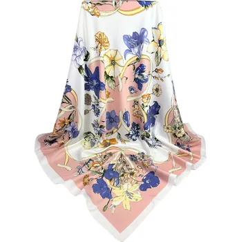 Šátek Classic Scarf Dámský šátek z viskózy velký XXL 130 cm růžový, bílý, modrý s květy a mašlí