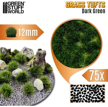 Plastikový model Grass Tufts – samolepící drny tmavě zelená tráva 12mm (75 ks)