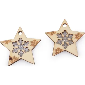 Vánoce Dřevěná ozdoba stromeček, vločka s glitry k zavěšení - přírodní sv. hvězda (2 ks)