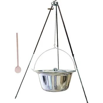 Kempingové nádobí Nerezový kotlík 20 L (1,2 mm) + teleskopická trojnožka s pojistnou kladkou + nerezová poklice
