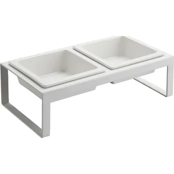 Miska pro psa Set dvou bílých keramických misek pro psy Yamazaki Tower se stojanem