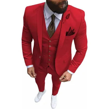 Pánský oblek Svatební pánský oblek 3v1 Tuxedo sako, vesta a kalhoty Barva: Červená, Velikost: 2XL