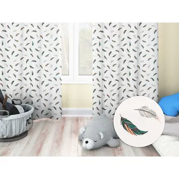 ubrus Dětský bavlněný závěs Sandra SA-460 Zeleno-růžová pírka na bílém 150x140 cm