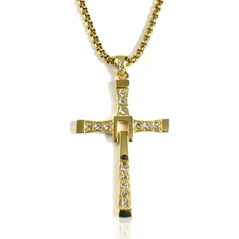 Náhrdelník Náhrdelník s křížkem Vin Diesel 7cm gold z chirurgické oceli S24190