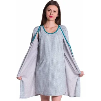 Těhotenské noční prádlo Be MaaMaa Těhotenská, kojící noční košile + župan zelené/tečky