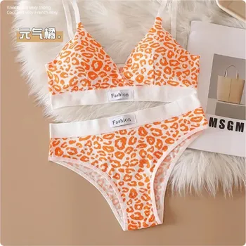 Podprsenka Dámský/dívčí set - kalhotky + podprsenka s leopardím potiskem Barva: Oranžová