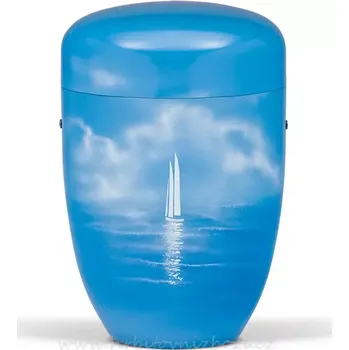 Smuteční dekorace Ocelová urna modrá s motivem plachetnice airbrush