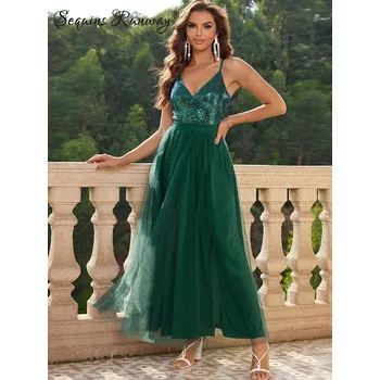 Dámské šaty Maxi večerní šaty Sequins SQ757 Barva: Tmavě Zelená, Velikost: L