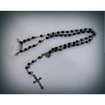 Náramek Černý růženec s lesklými korálky a detailním křížkem