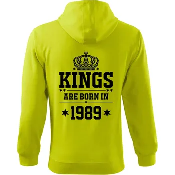 Pánská mikina Kings are born in 1989 - Mikina s kapucí na zip trendy zipper - M ( Limetková )