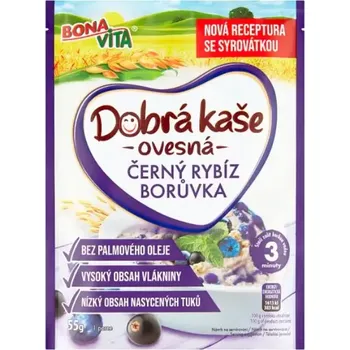 Ovesná kaše BONA VITA, černý rybíz a borůvka 55g (BONA VITA - ovesná kaše černý rybíz borůvka s vysokým obsahem vláknin, bez palmového oleje 55g)