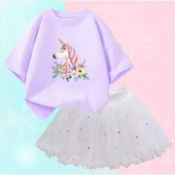 Unicorn (Jednorožci) Dívčí letní set - nařasená TUTU sukně + bavlněné tričko s motivem jednorožce Varianta: set 29 (nachové tričko+bílá sukně), Velikost: 3 roky/100