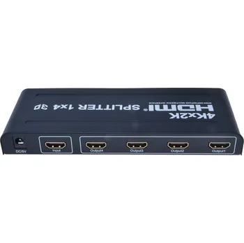 Video kabel PremiumCord HDMI splitter 1-4 porty kovový s napájením, 4K, FULL HD, 3D