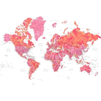 Plakát Plakát, Obraz - Hot pink and coral detailed world map with cities, Tatiana, Blursbyai