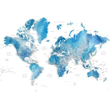 Plakát Plakát, Obraz - Blue watercolor world map with cities, Raleigh, Blursbyai