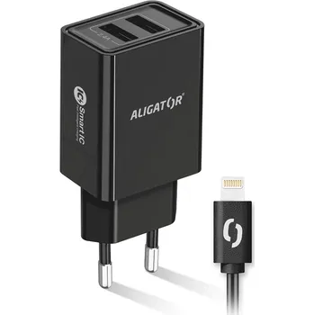 Nabíječka do sítě Aligator 2, 4A, 2xUSB, smart IC, USB kabel pro Apple - černá
