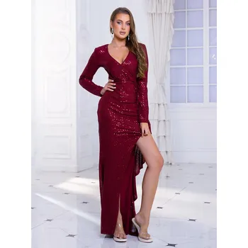 Dámské šaty Asymetrické šaty s volánem a hlubokým výstřihem Barva: Bordová, Velikost: M