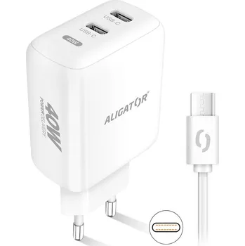 Telefonní příslušenství Nabíječka do sítě Aligator Power Delivery 40W, 2xUSB-C + USB-C kabel - bílá