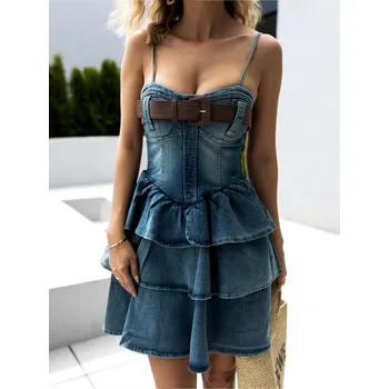 Dámské šaty Modré džínové šaty SATURNIN s páskem Velikost: S/M