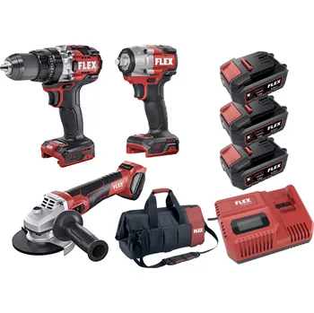 FLEX PACK Akční Sada Nářadí č.01, Aku šroubovák 158Nm + Rázový utahovák 600Nm + úhlová bruska 125mm s regulací