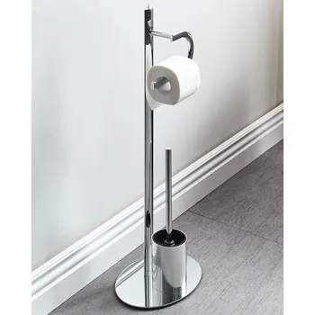 Stojan na toaletní papír a WC štětku stříbrný ocelový chromovaný volně stojící moderní doplněk do koupelny Beliani