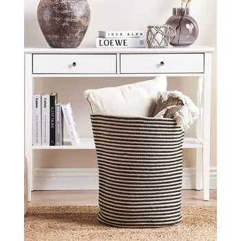 Koš na prádlo Úložný koš Béžový a černý bavlněný pruhovaný koš na prádlo Boho doplňky Beliani