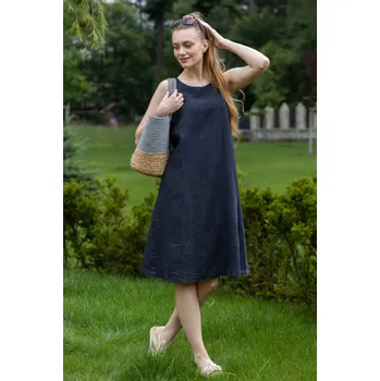 Dámské šaty H&D HOME DESIGN H&D dámské volné lněné šaty tmavě modré Velikost: 44
