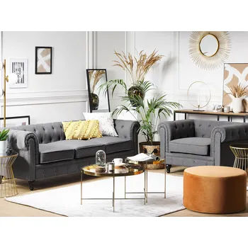 Sedací souprava Chesterfield sedací souprava šedá látková čalouněná tmavě dřevěné nohy 3místná pohovka, křeslo, anglický klasický styl Beliani