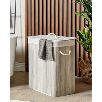 Koš na prádlo Úložný koš s víkem světle šedé bambusové dřevo 2 přihrádky koš na prádlo s rukojeťmi Beliani