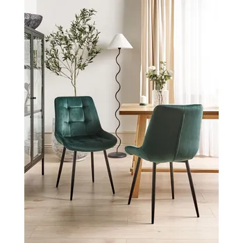 Jídelní židle Sada 2 jídelních židlí Tmavě zelený samet Černé železné nohy Moderní čalouněné židle Beliani