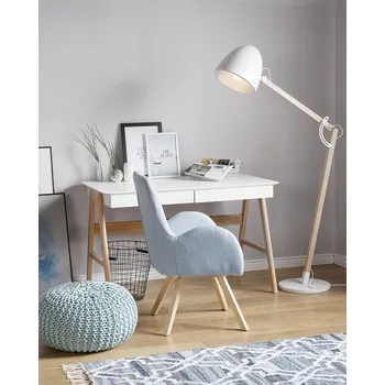 Stojací lampa Stojací lampa bílý kov 175 cm rameno a stínidlo nastavitelný dřevěný rám mramorový podstavec dlouhý kabel s vypínačem průmyslový design Beliani