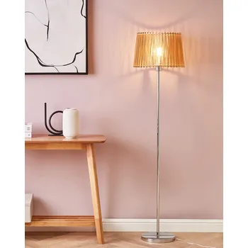 Stojací lampa Stojací lampa světlé dřevo MDF stříbrná kovová základna 153 cm osvětlení Beliani