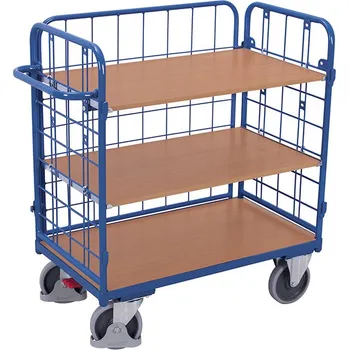 Variofit Policový vozík s madlem, mřížové bočnice, Variofit, 3 police (100 x 70 cm), do 500 kg, modrá/antracit Barva: antracit RAL7016