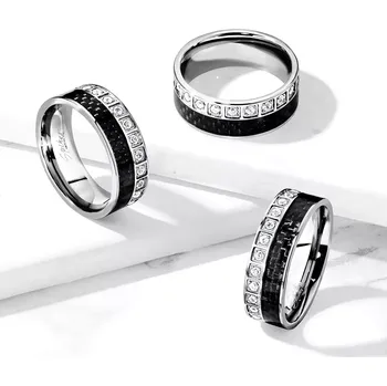 Prsten Ocelový prsten stříbrné barvy - černá uhlíková vlákna, čiré zirkony - Velikost: 67