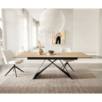 Jídelní stůl DELIFE Jídelní stůl Edge 180-220x100 keramika Laminam® Sabbia dubová barva podnož ve tvaru V plochá ocel černá rozkládací