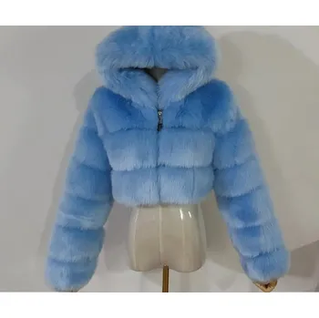 Dámský kožich Dámský crop kožich s kapucí Barva: Modrá, Velikost: 8XL