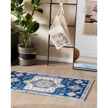 Koberec Koberec modrý a béžový polyester 60 x 200 cm s geometrickým vzorem protiskluzový běhoun moderní kuchyně chodba Beliani