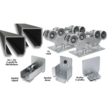 Pohon brány Sada 98x98x5 pro výrobu samonosných posuvných bran do šířky průjezdu 6,5 m Fe, 9 válečkových vozíků