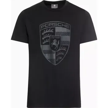 PORSCHE Crest T-Shirt Essential Tričko bavlněné se znakem černá (Sportovní pánské tričko s krátkým rukávem s velkým znakem Porsche jako matným, tónovým potiskem na hrudi.)