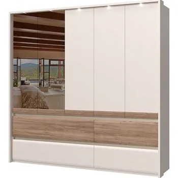 Šatní skříň Pětidveřová šatní skříň se 2 zrcadly a LED osvětlením Artemisia - dub tobacco/béžová